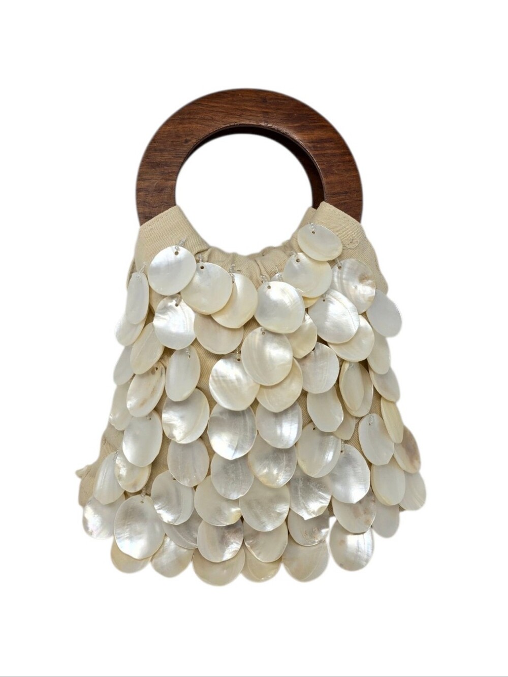 Two's Company Capiz Mother of Pearl Shell Handbag Wood Ring Handles Cream